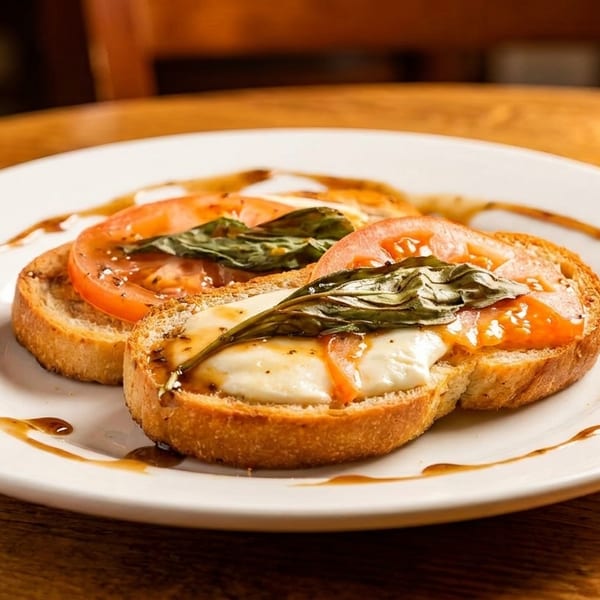Two bruschetta slices with melted mozzarella, tomato, basil, and balsamic glaze on a white plate.