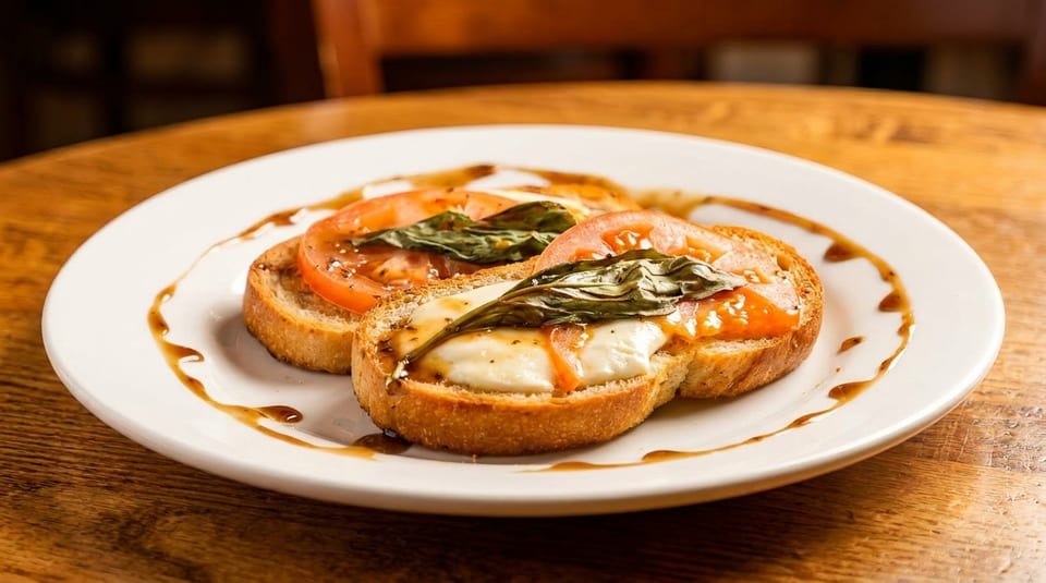 Two bruschetta slices with melted mozzarella, tomato, basil, and balsamic glaze on a white plate.