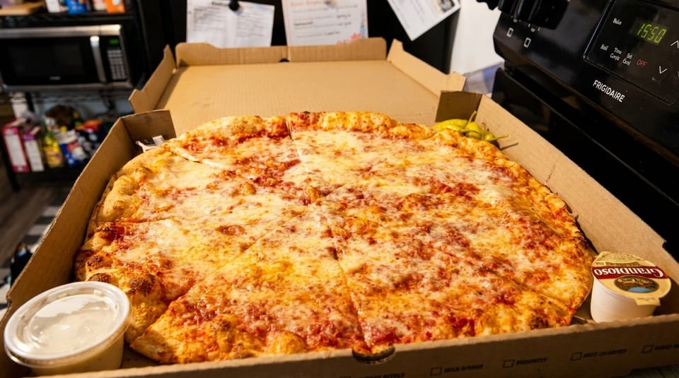 A large cheese pizza in a cardboard box with dipping sauces and peppers, next to a stove.