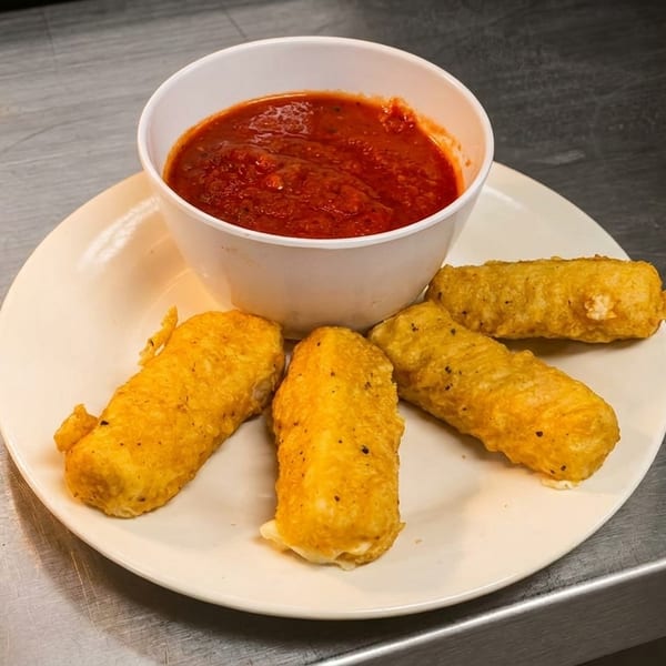 Four golden-brown mozzarella sticks on a white plate with a side of marinara sauce.