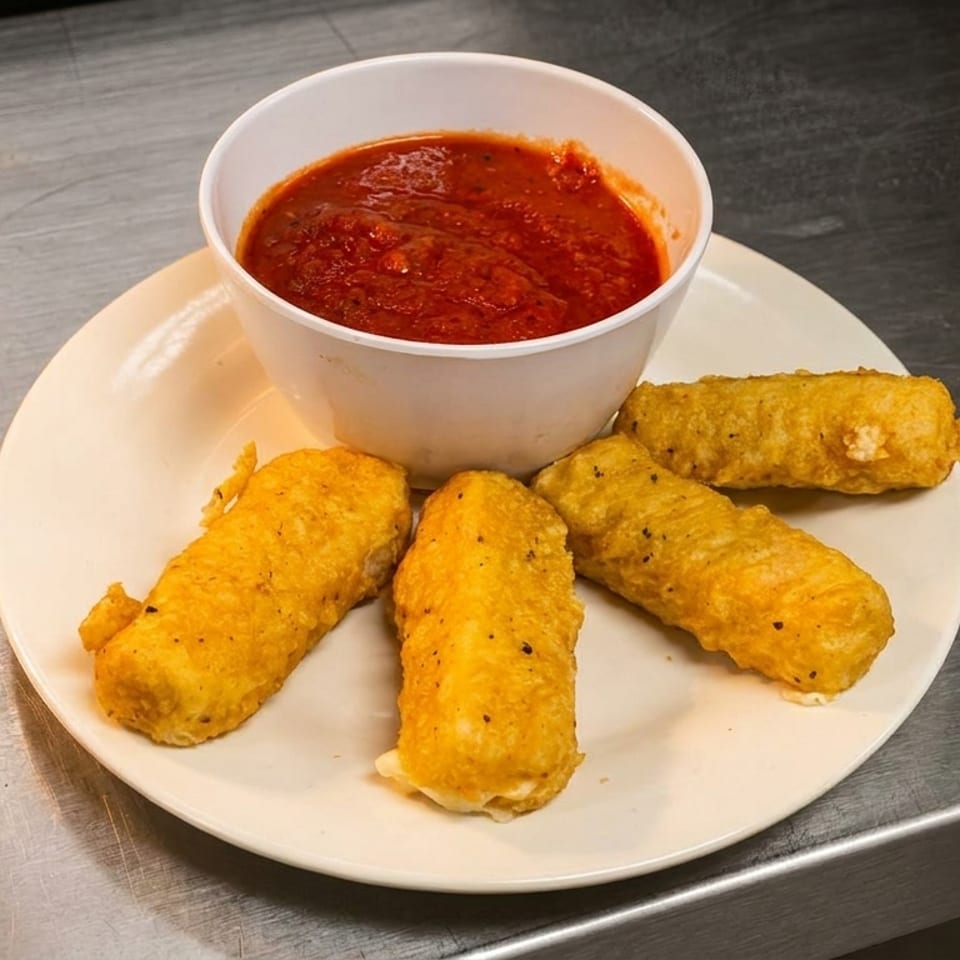 Four golden-brown mozzarella sticks on a white plate with a side of marinara sauce.