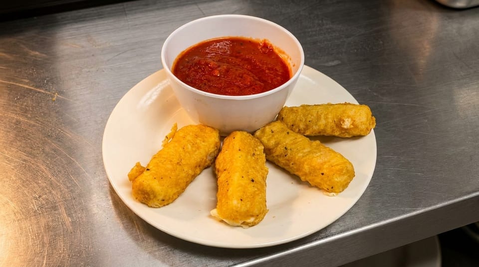 Four golden-brown mozzarella sticks on a white plate with a side of marinara sauce.