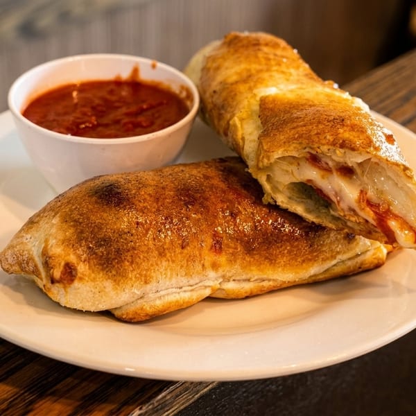 Two golden-brown strombolis, one sliced open revealing melted cheese and sauce, with a side of marinara.