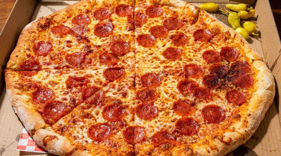 A large pepperoni pizza, sliced, in a cardboard box with yellow peppers.