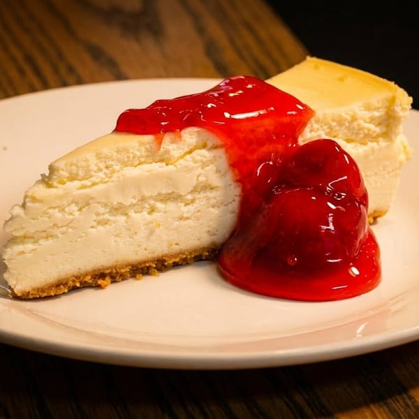 Two slices of cheesecake with a graham cracker crust, topped with bright red strawberry sauce.