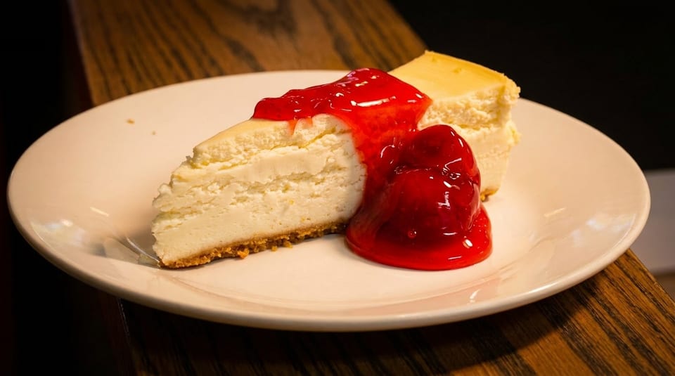 Two slices of cheesecake with a graham cracker crust, topped with bright red strawberry sauce.